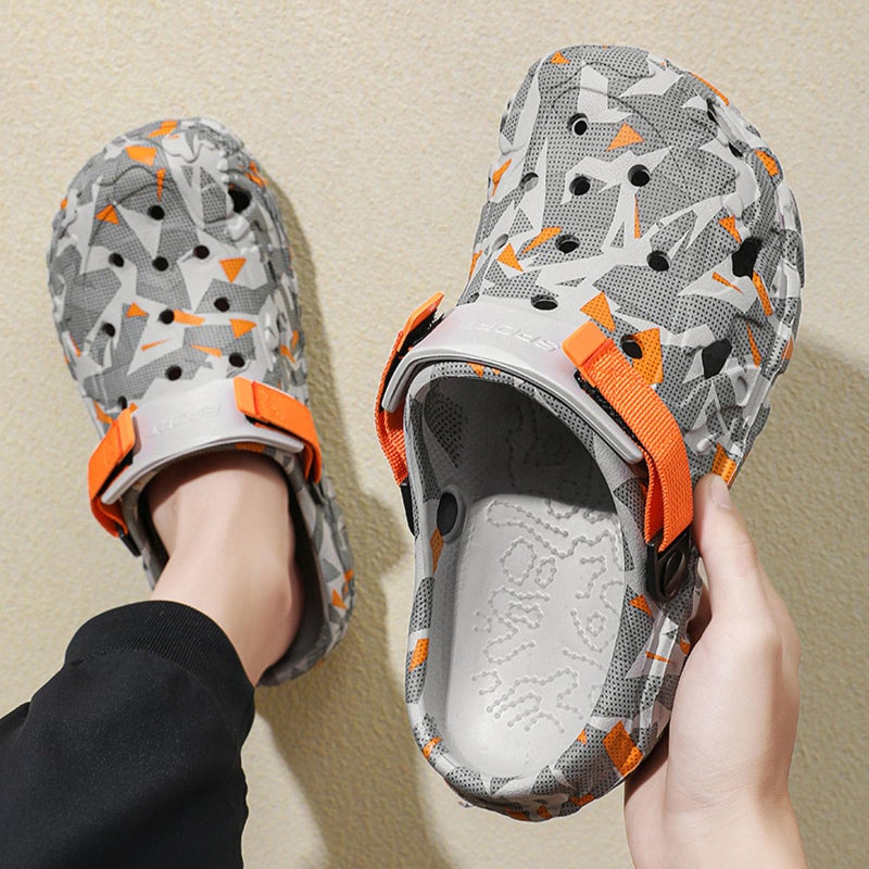 SECHRITE Mens Athletic Sports Clogs Garden Shoes Rubber EVA Mules Slip on Waterproof Summer Water Beach Clogs Slippers Sandals Breathable Graphic Garden Shoes with Adjustable Back Strap Grey Orange 47 - Image 2