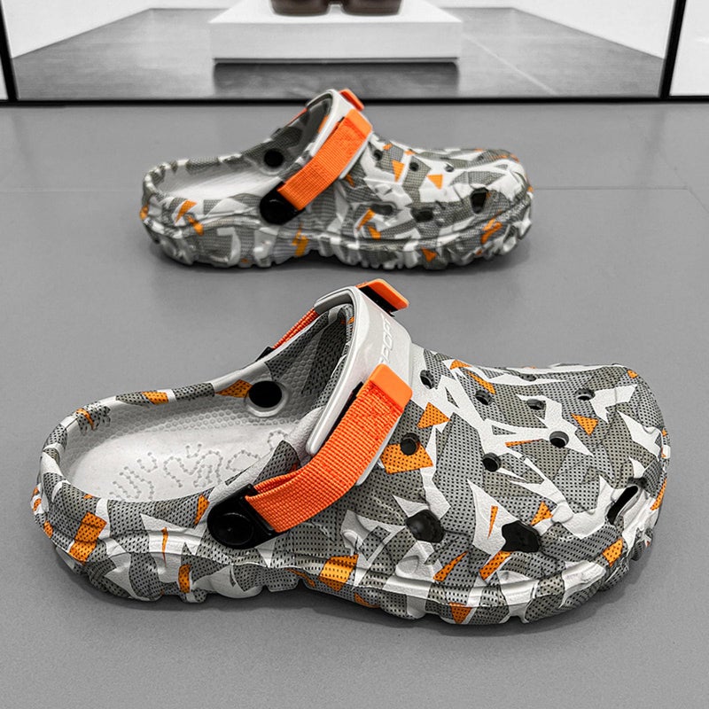 SECHRITE Mens Athletic Sports Clogs Garden Shoes Rubber EVA Mules Slip on Waterproof Summer Water Beach Clogs Slippers Sandals Breathable Graphic Garden Shoes with Adjustable Back Strap Grey Orange 47 - Image 3
