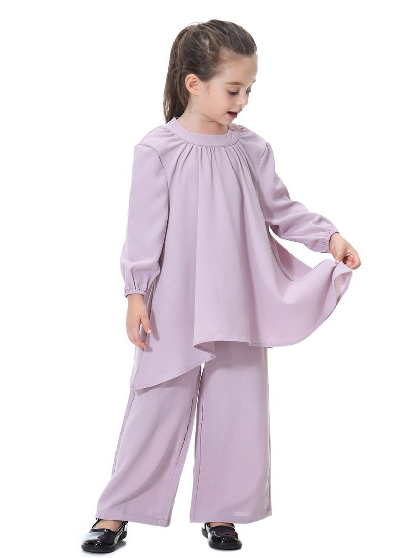 Loquat - Girl's Traditional Solid Color 2-Piece Set Long Sleeve Tops And Loose Pants Suit Light Purple - Image 1
