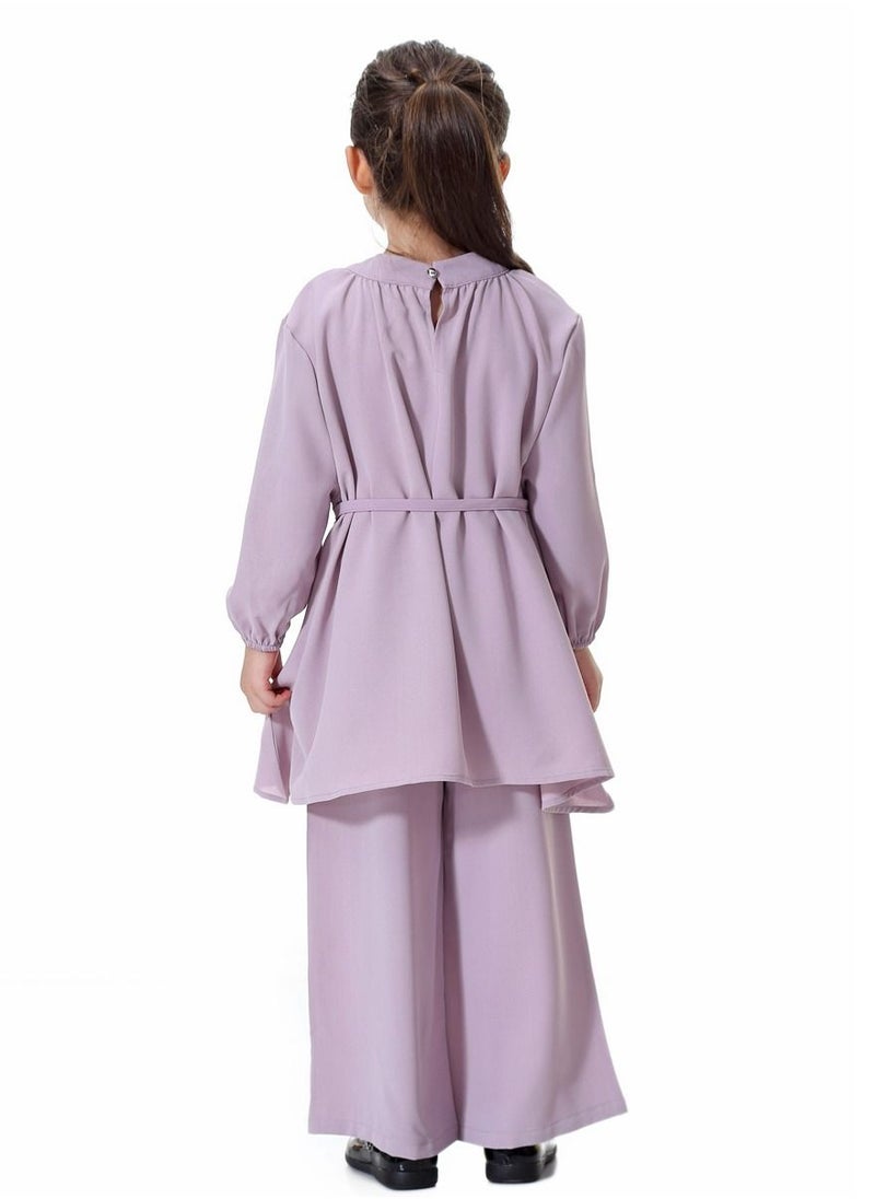 Loquat - Girl's Traditional Solid Color 2-Piece Set Long Sleeve Tops And Loose Pants Suit Light Purple - Image 1