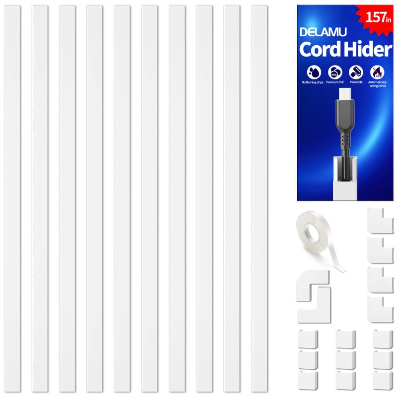 Delamu 157in Cord Covers for Wires on Wall, Cord Hider for 1 Cord, Paintable Cable Hider, Cable Management Wire Covers for Cords, W0.55 H0.4in, White - Image 1
