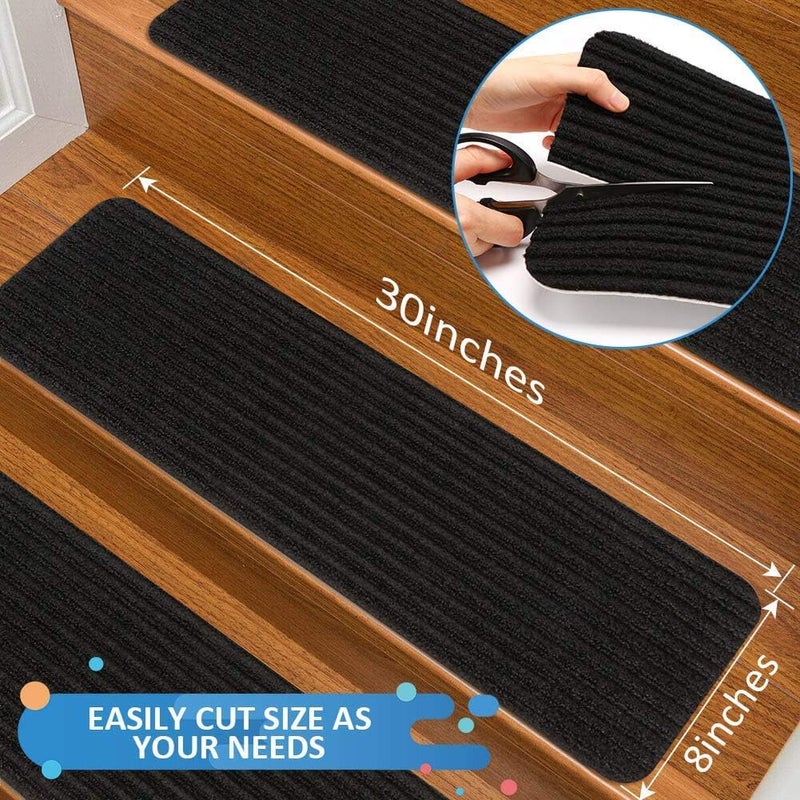 RIOLAND Stair Treads Carpet Non-Slip Indoor Stair Runners for Wooden Steps, Stair Rugs for Kids and Dogs, Set of 15, 8" X 30", Black - Image 2