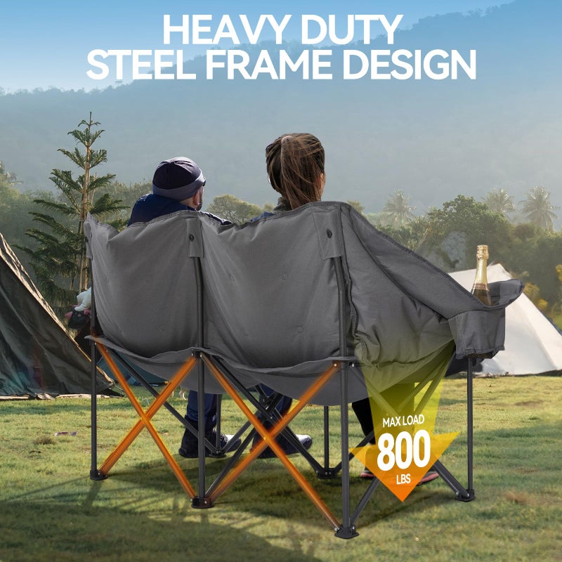 Huskfirm Double Camping Chair Padded 2 Person Camping Chair Camping Loveseat - Heavy Duty Oversized Camping Couch for Adults Outdoor Lawn Beach - Portable Folding Sofa with Cup Holders and Carry Bag, Grey - Image 4