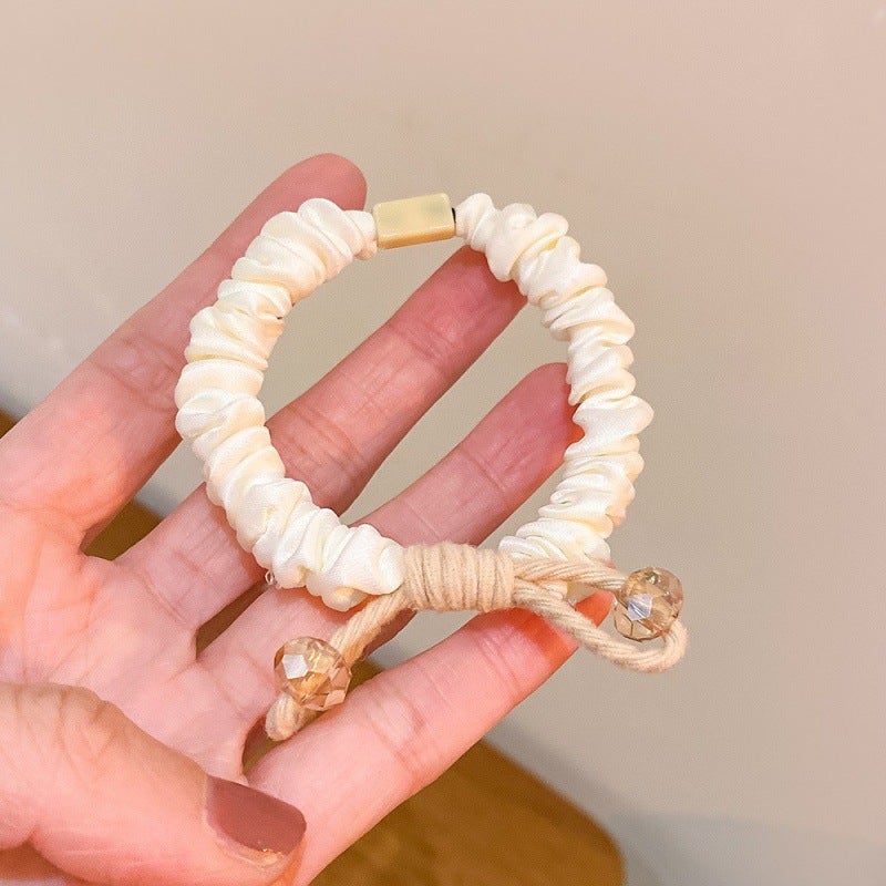 Generic New Handmade Knot Hair Ring Elegant Crystal Pony Tail Hair Rope Girls Cloth Ring Hair Rope Milk Tea Color Rubber Band Hair Accessories Milky White