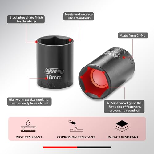 AKM TOOL 17PCS 3/8 Inch Drive Magnetic Impact Socket Set, Metric, 7mm-19mm, 6 Point, Cr-Mo, Square Drive, Magnetic Socket with Universal Joint, Drill Bit Adapter & Extension - Image 4