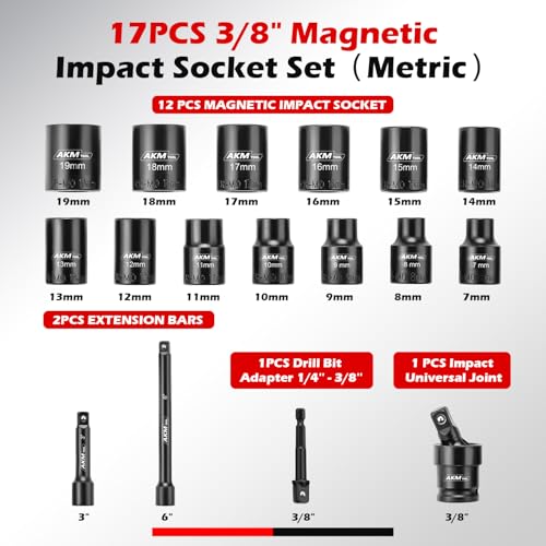 AKM TOOL 17PCS 3/8 Inch Drive Magnetic Impact Socket Set, Metric, 7mm-19mm, 6 Point, Cr-Mo, Square Drive, Magnetic Socket with Universal Joint, Drill Bit Adapter & Extension - Image 2