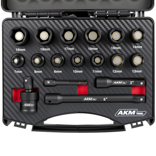 AKM TOOL 17PCS 3/8 Inch Drive Magnetic Impact Socket Set, Metric, 7mm-19mm, 6 Point, Cr-Mo, Square Drive, Magnetic Socket with Universal Joint, Drill Bit Adapter & Extension - Image 1