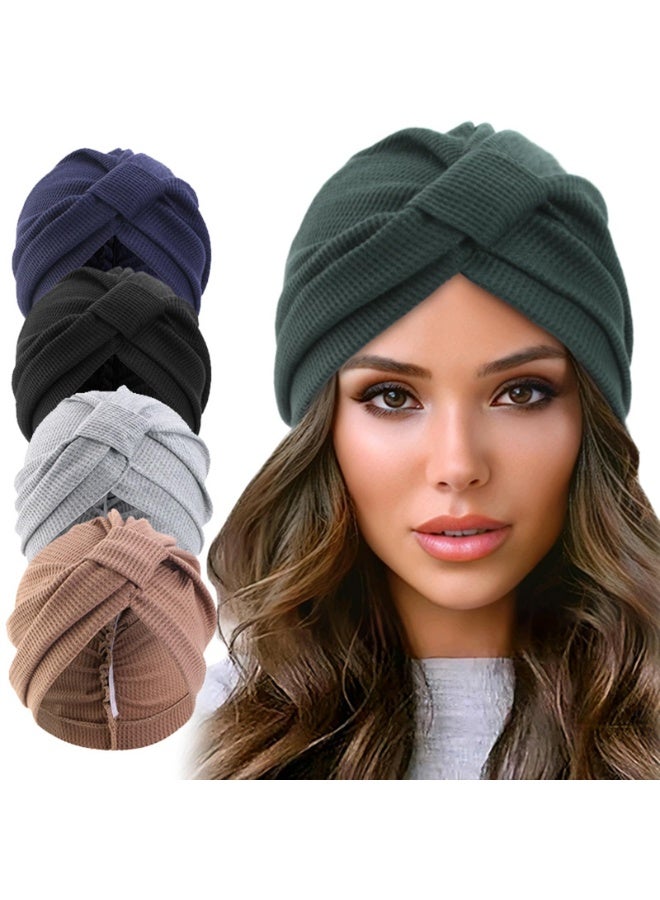 Waffle Cotton Turban Head Wrap, Cross Design, Elastic Headscarf, 4 Pack - Navy, Black, Gray, Brown, 19x25cm - Image 2