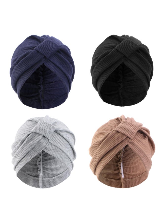 Waffle Cotton Turban Head Wrap, Cross Design, Elastic Headscarf, 4 Pack - Navy, Black, Gray, Brown, 19x25cm - Image 1