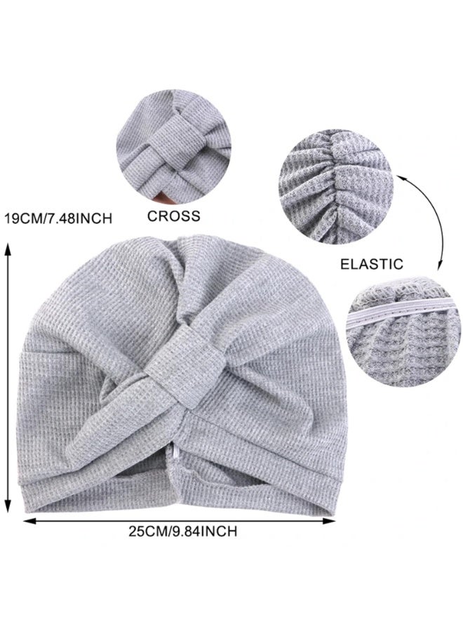 Waffle Cotton Turban Head Wrap, Cross Design, Elastic Headscarf, 4 Pack - Navy, Black, Gray, Brown, 19x25cm - Image 3
