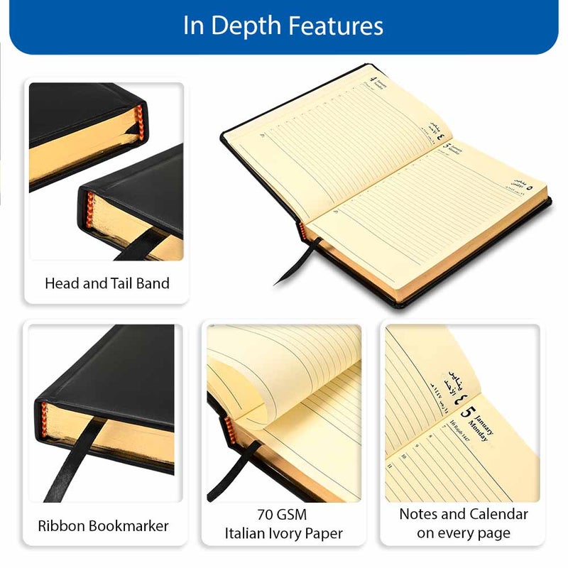 FIS 2026 Golden A5 Diary, 148x210mm, 1 Side Padded Italian PU Cover Materials, Round Corners, Gold Gilded Edges, Arabic/English, 70gsm Italian Ivory Paper, Black Cover - FSDI19AEG26BK - Image 5