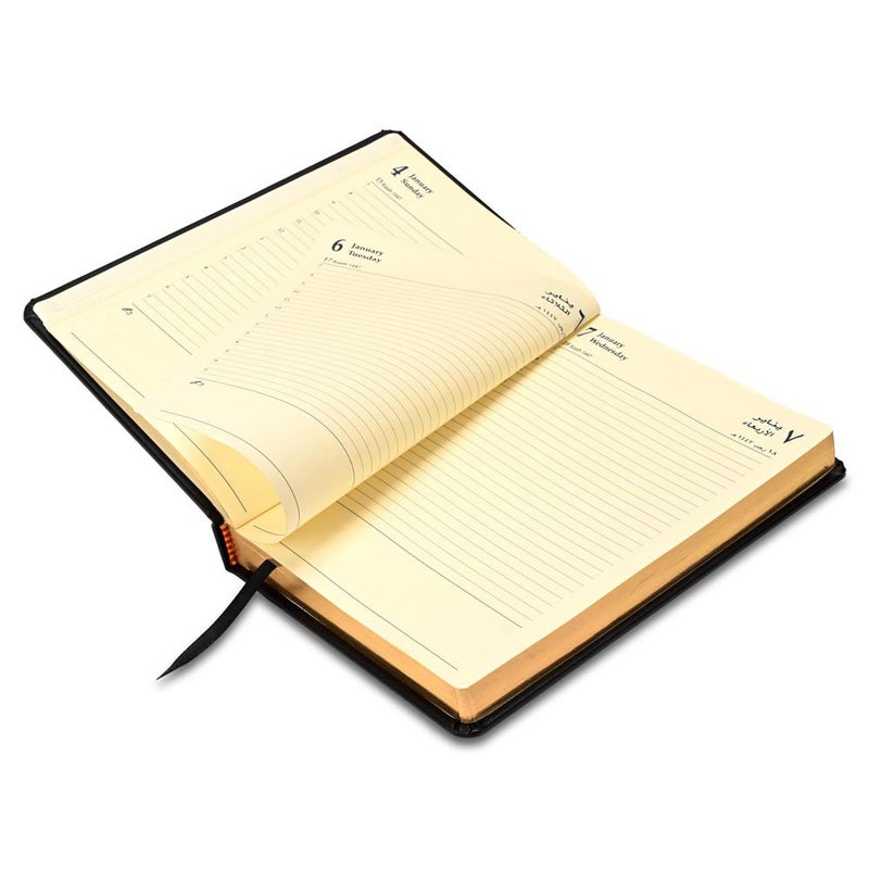 FIS 2026 Golden A5 Diary, 148x210mm, 1 Side Padded Italian PU Cover Materials, Round Corners, Gold Gilded Edges, Arabic/English, 70gsm Italian Ivory Paper, Black Cover - FSDI19AEG26BK - Image 4