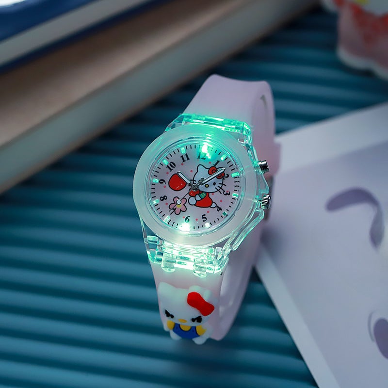 Kids Silicone Luminous Cartoon Watch Pink KT kitten with doll 