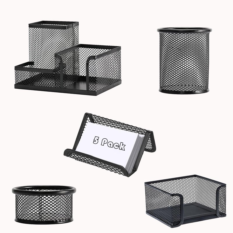 Moonlik Desk Organizers and Accessories Set, Mesh Pen Holder,Office School Home Desktop Supplies for Clip Phone Sticky Notes,Mail, Caddy Storage Baskets(Black,5 Piece Set) - Image 1