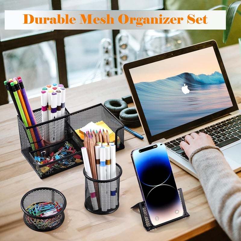 Moonlik Desk Organizers and Accessories Set, Mesh Pen Holder,Office School Home Desktop Supplies for Clip Phone Sticky Notes,Mail, Caddy Storage Baskets(Black,5 Piece Set) - Image 5