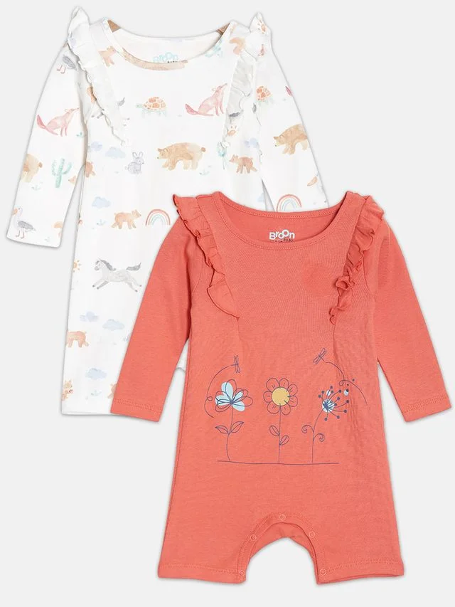 Broon Broon Infant Girls Orange and White Printed Organic Cotton Rompers Pack of 2