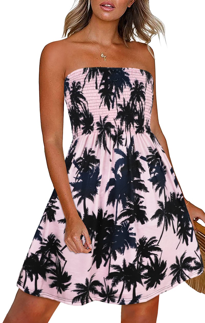 CHICGAL Summer Dresses for Women Strapless Bathing Suit Cover Ups Beach Ruffle Dress.(Pink Black Tree,XL) - Image 1