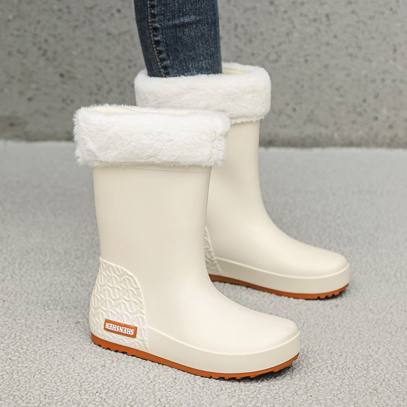 Korean Fashion Waterproof Non-Slip Rain Boots White [plus cotton]] 