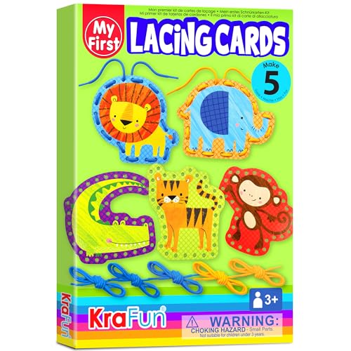 KRAFUN Beginner Preschool Lacing Card Kit for Kids Arts Crafts 5 Easy Safari and Animal Lacing Projects Paper Craft Cards for Toddlers Fine Motor Skills Training Toys - Image 1