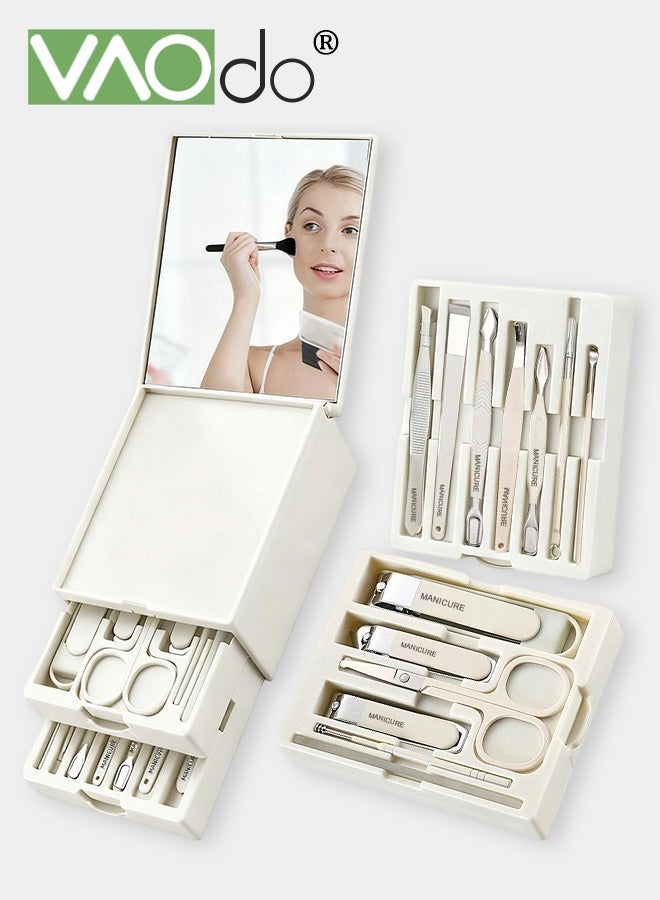 فاو دو مجموعة مانيكير 13 قطعة، مقص أظافر احترافي، مجموعة باديكير، أدوات العناية بالأظافر من الفولاذ المقاوم للصدأ مع تخزين ومرآة للأظافر السميكة للرجال والنساء هدية بيضاء - Image 1