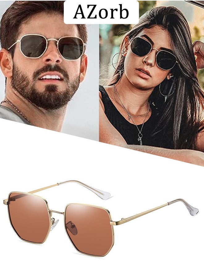 AZorb Polarized Sunglasses Men Women Hexagonal Large Metal Frame Men's Sun Glassess Polygonal Mens Sunglass for Ladies Classic Square Eyewear Trendy UV400 Protection Shades Brown  - Image 1