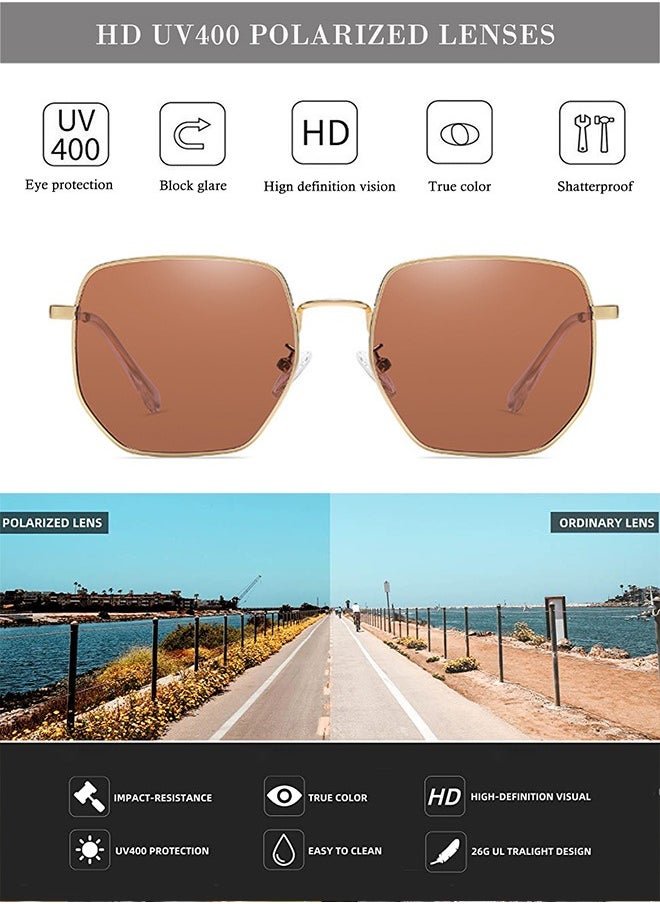 AZorb Polarized Sunglasses Men Women Hexagonal Large Metal Frame Men's Sun Glassess Polygonal Mens Sunglass for Ladies Classic Square Eyewear Trendy UV400 Protection Shades Brown  - Image 4