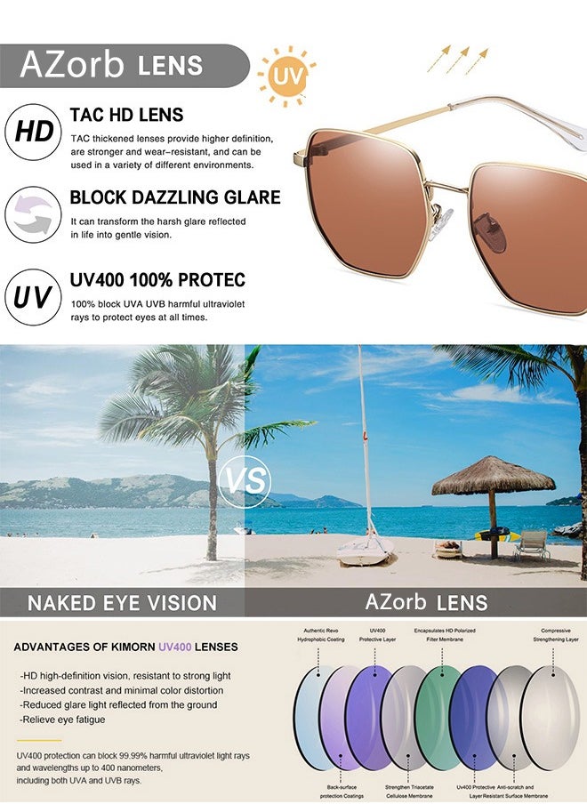 AZorb Polarized Sunglasses Men Women Hexagonal Large Metal Frame Men's Sun Glassess Polygonal Mens Sunglass for Ladies Classic Square Eyewear Trendy UV400 Protection Shades Brown  - Image 2