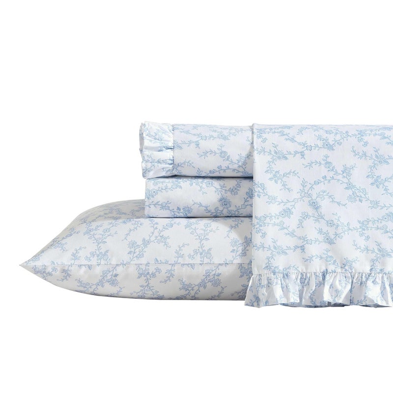 Laura Ashley  Twin Sheet Set Breathable Percale Cotton Bedding 200 Thread Count Floral Home Decor Victoria Blue Twin