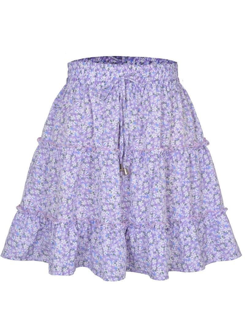 Loquat Women's Summer Boho Dot Patterned Mini Skirt High Waist Drawstring Tiered Skirts Purple 