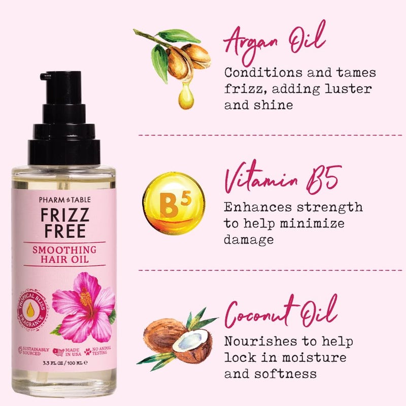 PHARM TO TABLE Frizz Free Smoothing Hair Oil - Made with Antioxidant-Rich Argan Oil, Nourish and Detangle Your Hair, 100ml - Image 2