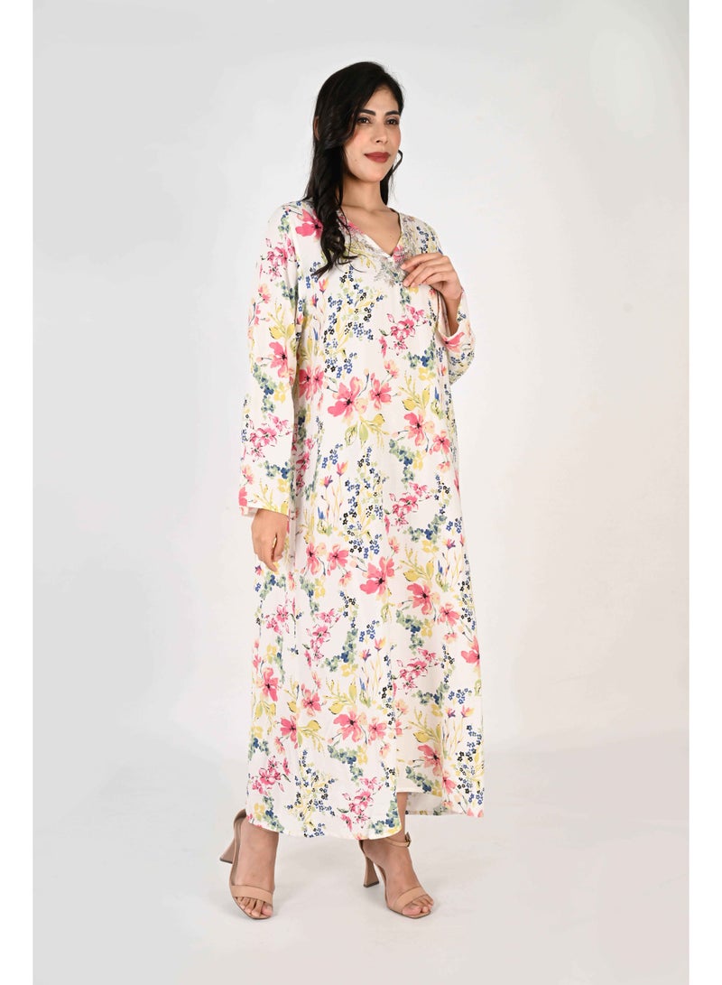Linelle Ladies Jalabiya – White Base with Pink and Blue Florals and Embroidered Neckline - Image 3