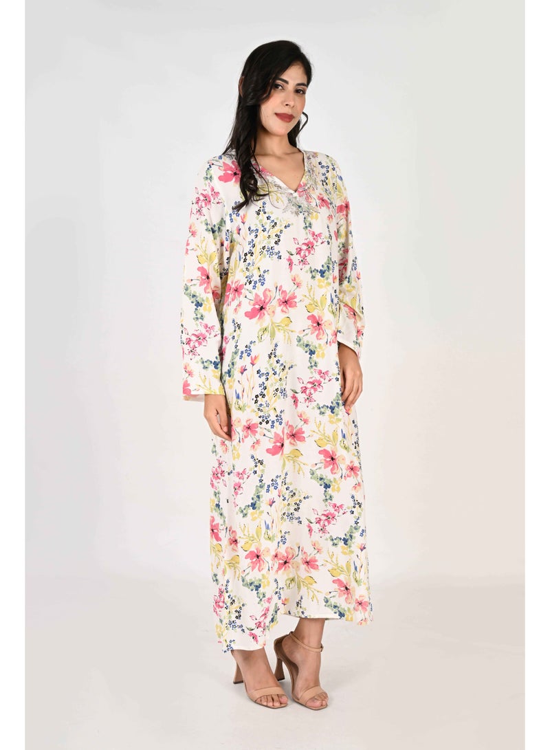 Linelle Ladies Jalabiya – White Base with Pink and Blue Florals and Embroidered Neckline - Image 2