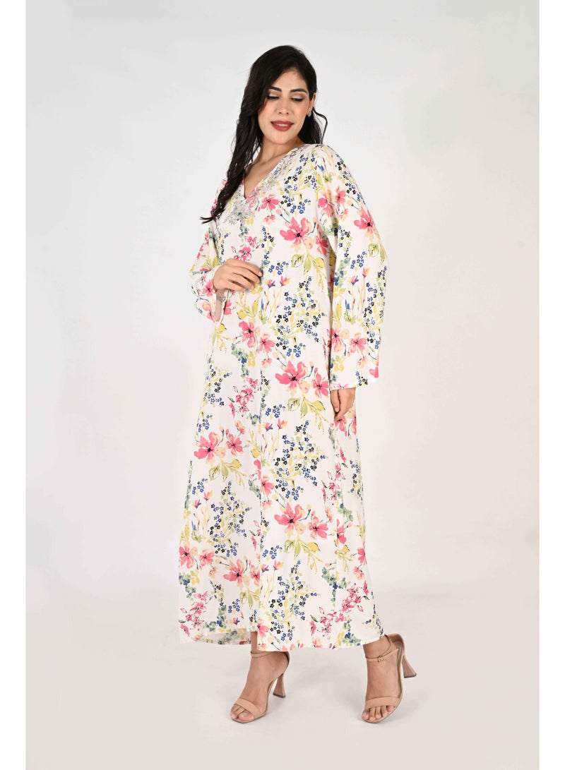 Linelle Ladies Jalabiya – White Base with Pink and Blue Florals and Embroidered Neckline - Image 5