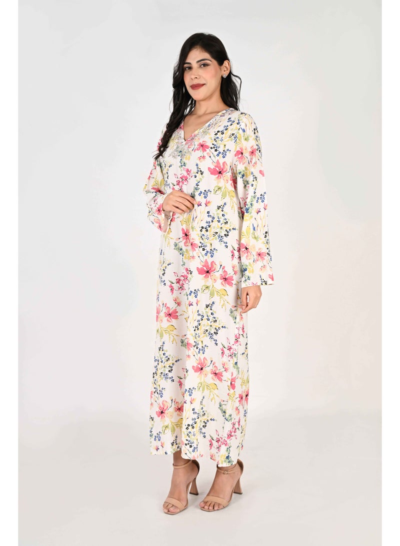 Linelle Ladies Jalabiya – White Base with Pink and Blue Florals and Embroidered Neckline - Image 4