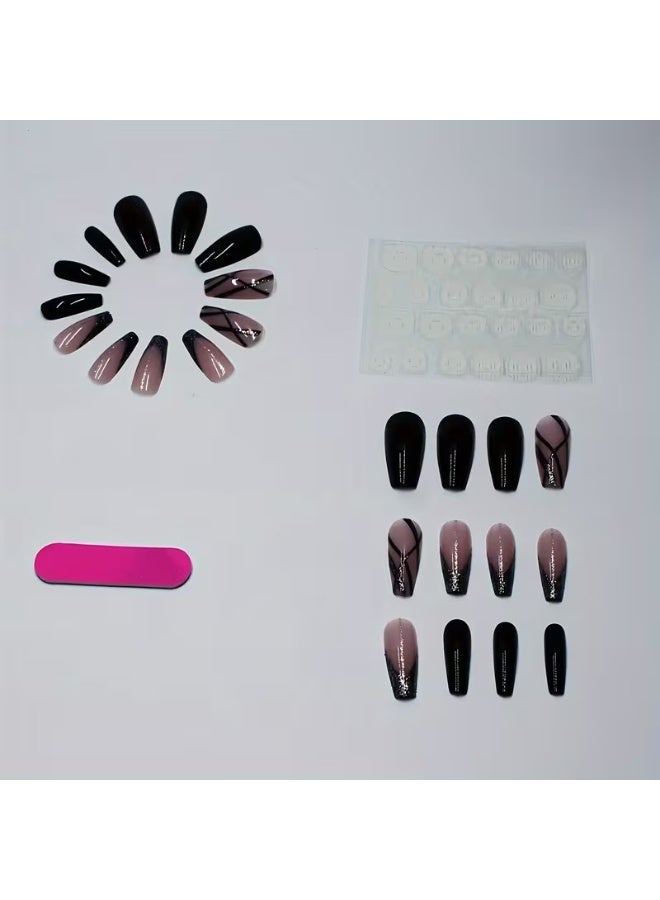 Goolsky 24 قطعة أظافر فرنسية لامعة باللونين الأسود والوردي مع لمسات من الجليتر، مجموعة أظافر مزيفة بطول متوسط وشكل مربع - Image 3