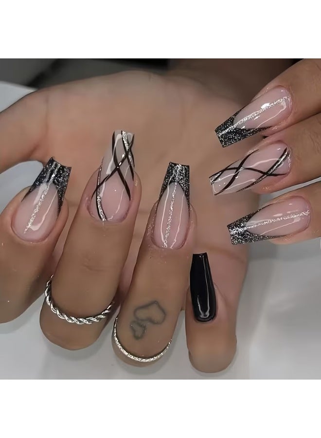 Goolsky 24 قطعة أظافر فرنسية لامعة باللونين الأسود والوردي مع لمسات من الجليتر، مجموعة أظافر مزيفة بطول متوسط وشكل مربع - Image 1
