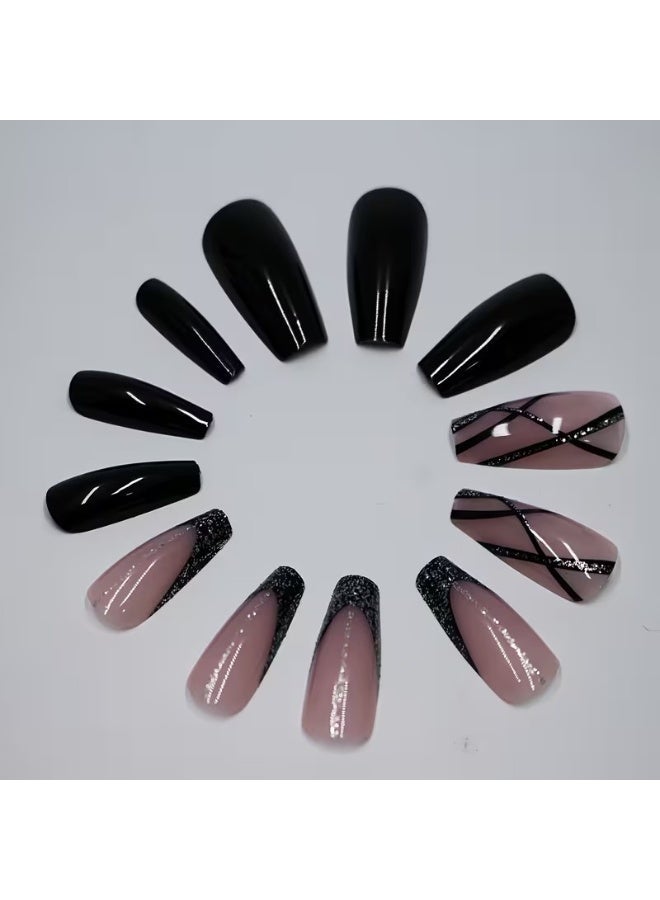 Goolsky 24 قطعة أظافر فرنسية لامعة باللونين الأسود والوردي مع لمسات من الجليتر، مجموعة أظافر مزيفة بطول متوسط وشكل مربع - Image 2