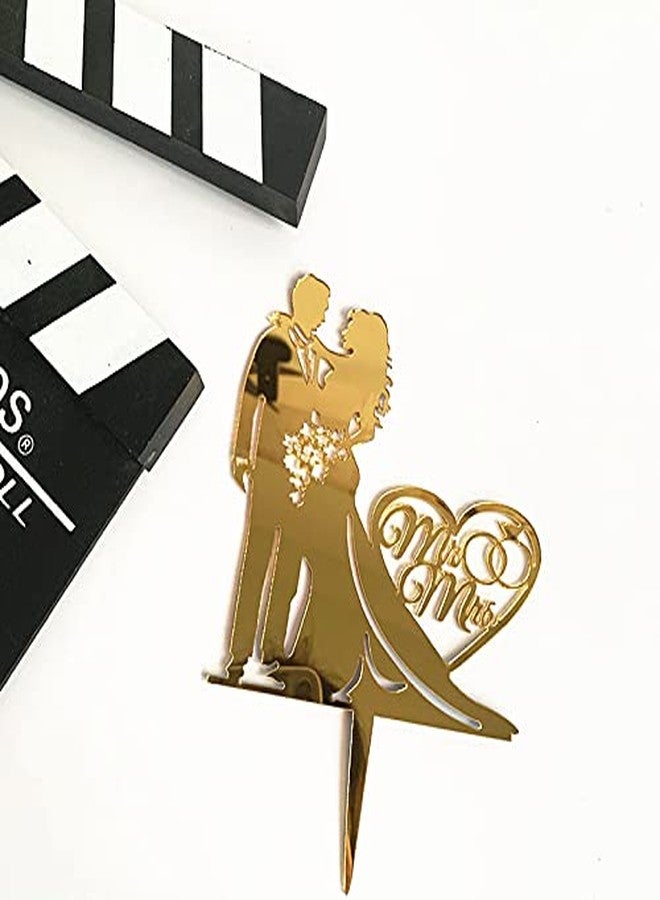 Wedding Cake Topper, Gold Acrylic Mr & Mrs Design, Romantic Bride and Groom Silhouette
