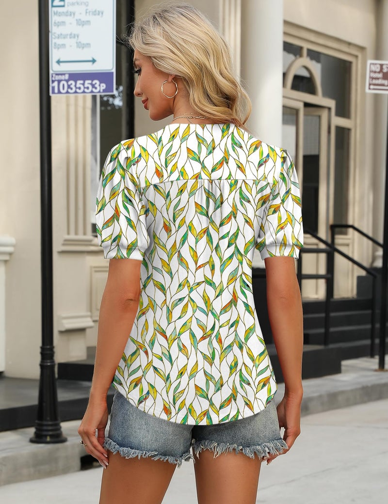 IECCP Womens Short Sleeve Shirts Pleated Tops Dressy Casual Summer Blouses Business Work Trendy Puff Sleeve Basic Tees (Leaves,XL) - Image 3