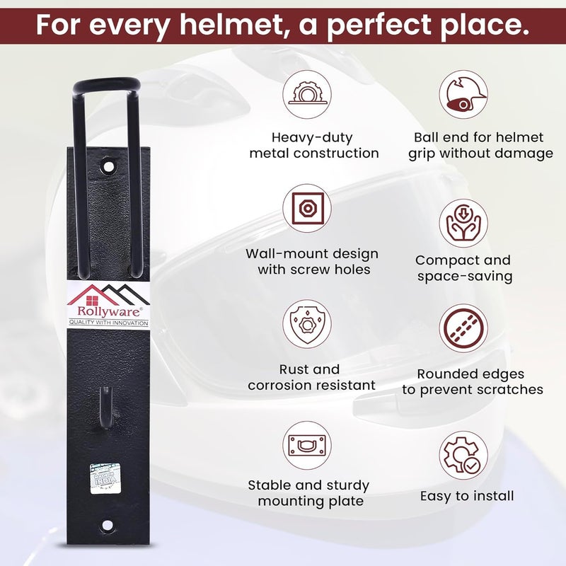 ROLLYWARE ® Open and Full face Wall mountable Multipurpose Organizer Hook Helmet and Jacket Hanger, Wall Mount Helmet Hook Stand (1, BLACK) - Image 5
