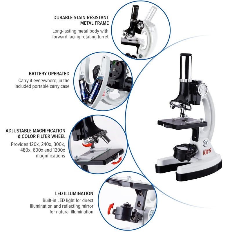 AmScope AmScope 120X-1200X 52-pcs Beginner Microscope STEM Kit with Metal Body Microscope, Plastic Slides, LED Light and Carrying Box (M30-ABS-KT2-W),White  - Image 4