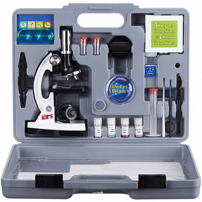 AmScope AmScope 120X-1200X 52-pcs Beginner Microscope STEM Kit with Metal Body Microscope, Plastic Slides, LED Light and Carrying Box (M30-ABS-KT2-W),White  - Image 1