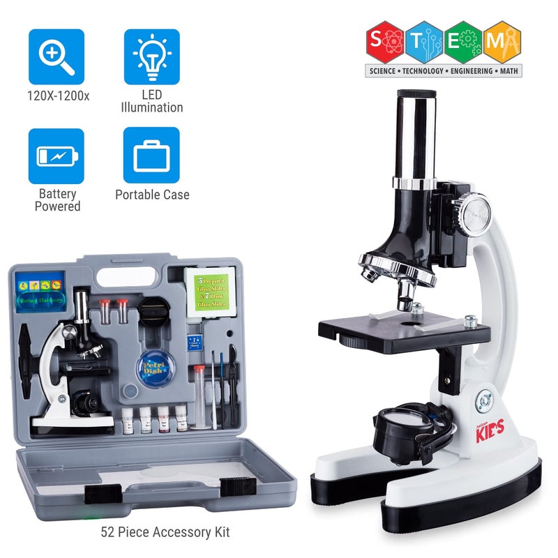 AmScope AmScope 120X-1200X 52-pcs Beginner Microscope STEM Kit with Metal Body Microscope, Plastic Slides, LED Light and Carrying Box (M30-ABS-KT2-W),White  - Image 2