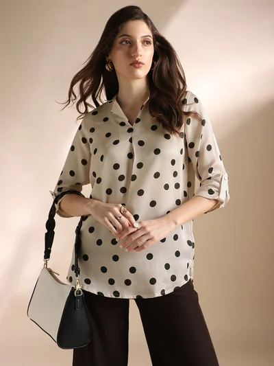 globus Globus Women White Cuban Collar Roll Up Sleeves Polka Dots Curved Hem Satin Workwear Shirt