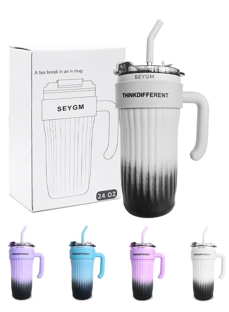Stainless Steel Tumbler Hot and Cold with Handle and Lid with Straw, Double Insulated Cup 100% Leak Proof Coffee Travel Mug Flask for Gym & Travelling Gradient White 860 ML - Image 1