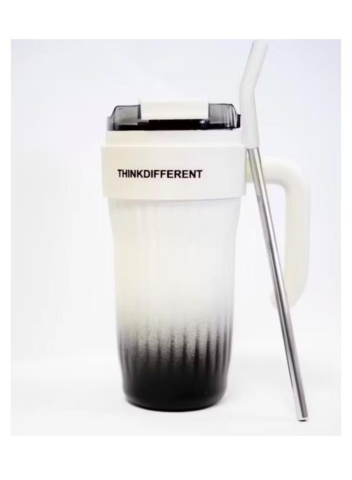 Stainless Steel Tumbler Hot and Cold with Handle and Lid with Straw, Double Insulated Cup 100% Leak Proof Coffee Travel Mug Flask for Gym & Travelling Gradient White 860 ML - Image 2