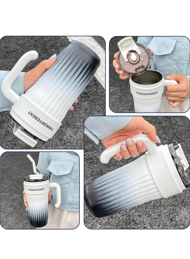 Stainless Steel Tumbler Hot and Cold with Handle and Lid with Straw, Double Insulated Cup 100% Leak Proof Coffee Travel Mug Flask for Gym & Travelling Gradient White 860 ML - Image 4