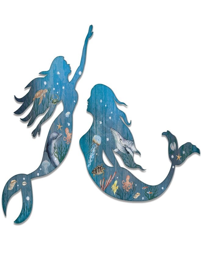 Pelopy 2 Pack Metal Mermaid Wall Art Rustic Bathroom Hanging Mermaid Wall Decor Blue Sculpture Decorations for Room Patio Swimming Pool Bathroom - Image 1