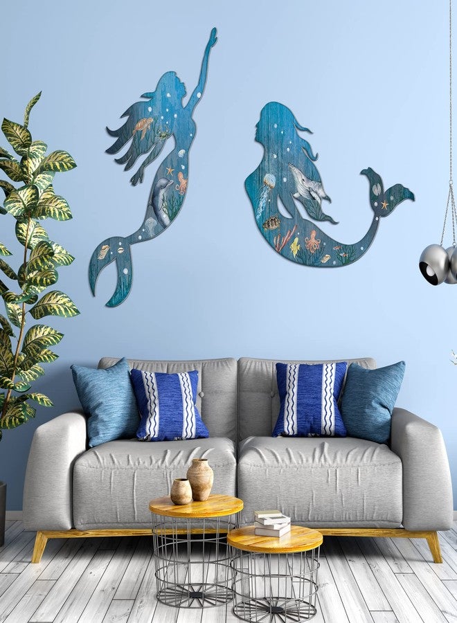 Pelopy 2 Pack Metal Mermaid Wall Art Rustic Bathroom Hanging Mermaid Wall Decor Blue Sculpture Decorations for Room Patio Swimming Pool Bathroom - Image 2