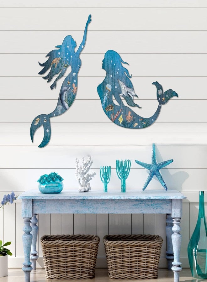 Pelopy 2 Pack Metal Mermaid Wall Art Rustic Bathroom Hanging Mermaid Wall Decor Blue Sculpture Decorations for Room Patio Swimming Pool Bathroom - Image 5
